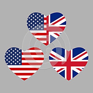 US and UK flags icon in the heart shape. American and British friendship symbol. Vector illustration.